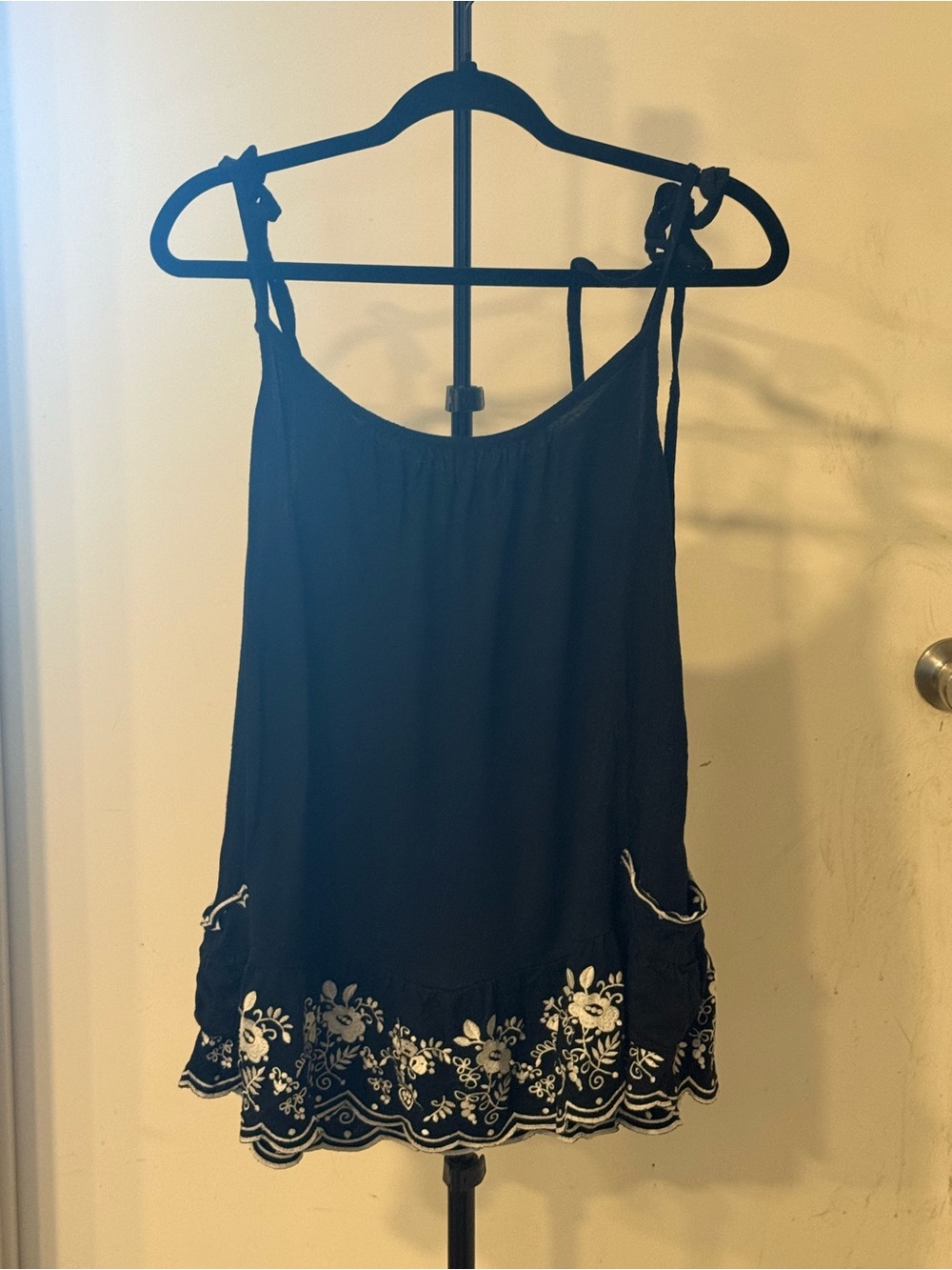 Juicy Couture Black Tie-Strap Camisole with White Floral Embroidery